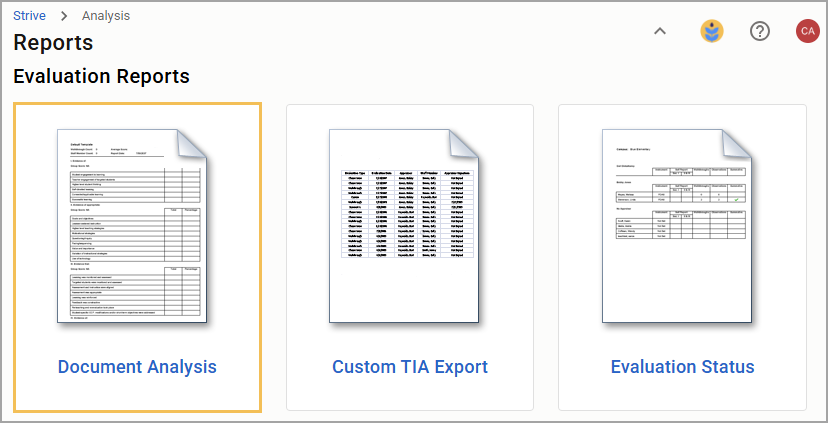Evaluation reports section displaying Document Analysis, Custom TIA Export, and Evaluation Status.